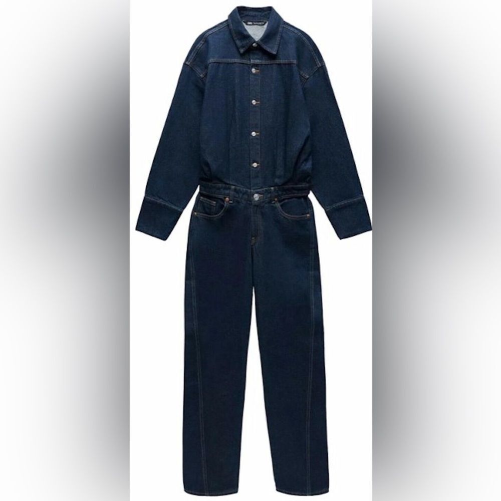 ZARA Dark Indigo Long Denim Jumpsuit - S